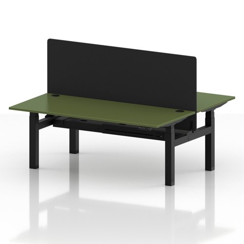 Air Back-to-Back 1800 x 800mm Height Adjustable 2 Person Office Bench Desk Moss Green Top with Cable Ports Black Frame with Black Straight Screen