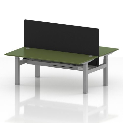 Air Back-to-Back 1800 x 800mm Height Adjustable 2 Person Office Bench Desk Moss Green Top with Cable Ports Silver Frame with Black Straight Screen
