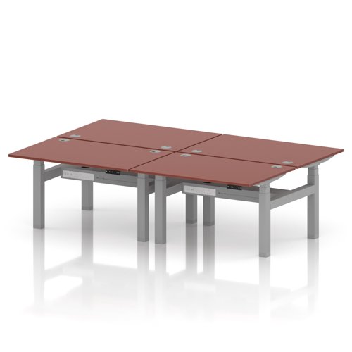 Air Back-to-Back 1200 x 800mm Height Adjustable 4 Person Office Bench Desk Brick Red Top with Cable Ports Silver Frame