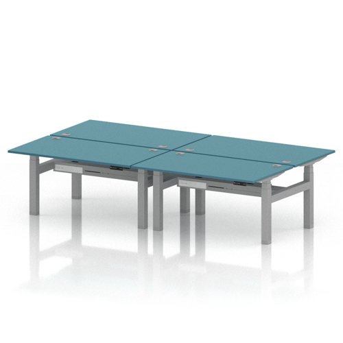 Air Back-to-Back 1400 x 800mm Height Adjustable 4 Person Office Bench Desk Dark Teal Top with Cable Ports Silver Frame