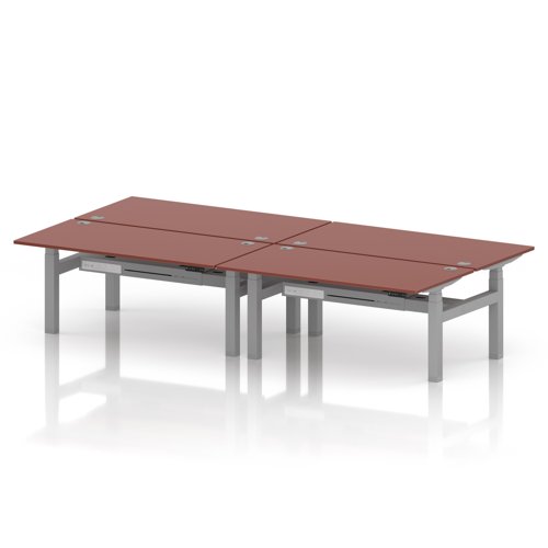 Air Back-to-Back 1600 x 800mm Height Adjustable 4 Person Office Bench Desk Brick Red Top with Cable Ports Silver Frame