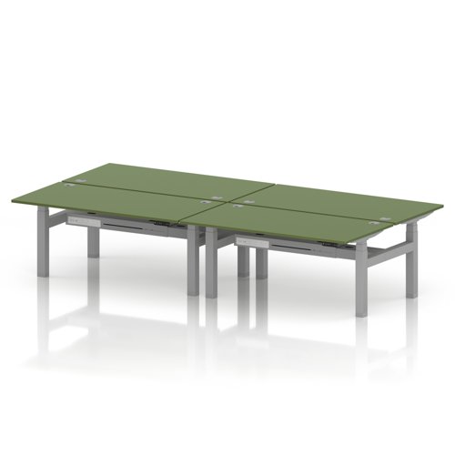 Air Back-to-Back 1600 x 800mm Height Adjustable 4 Person Office Bench Desk Moss Green Top with Cable Ports Silver Frame