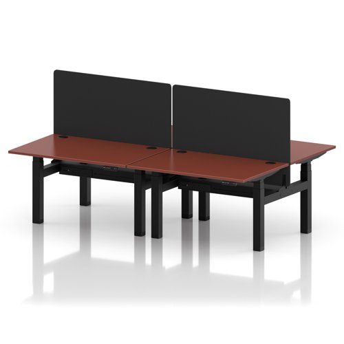 Air Back-to-Back 1200 x 800mm Height Adjustable 4 Person Office Bench Desk Brick Red Top with Cable Ports Black Frame with Black Straight Screen