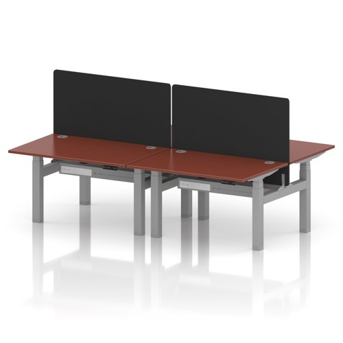 Air Back-to-Back 1200 x 800mm Height Adjustable 4 Person Office Bench Desk Brick Red Top with Cable Ports Silver Frame with Black Straight Screen