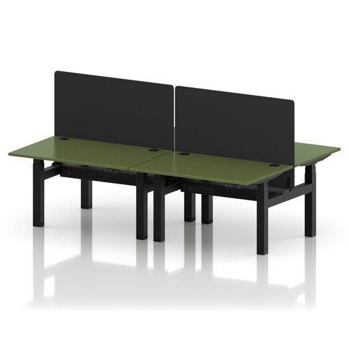 Air Back-to-Back 1200 x 800mm Height Adjustable 4 Person Office Bench Desk Moss Green Top with Cable Ports Black Frame with Black Straight Screen