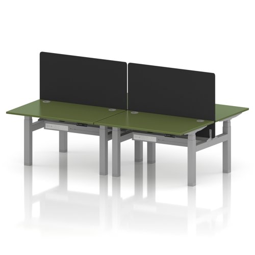 Air Back-to-Back 1200 x 800mm Height Adjustable 4 Person Office Bench Desk Moss Green Top with Cable Ports Silver Frame with Black Straight Screen