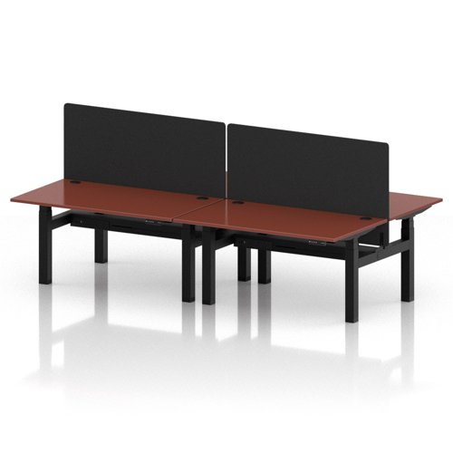 Air Back-to-Back 1400 x 800mm Height Adjustable 4 Person Office Bench Desk Brick Red Top with Cable Ports Black Frame with Black Straight Screen