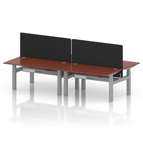 Air Back-to-Back 1400 x 800mm Height Adjustable 4 Person Office Bench Desk Brick Red Top with Cable Ports Silver Frame with Black Straight Screen