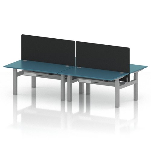 Air Back-to-Back 1400 x 800mm Height Adjustable 4 Person Office Bench Desk Dark Teal Top with Cable Ports Silver Frame with Black Straight Screen