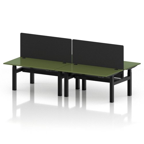 Air Back-to-Back 1400 x 800mm Height Adjustable 4 Person Office Bench Desk Moss Green Top with Cable Ports Black Frame with Black Straight Screen