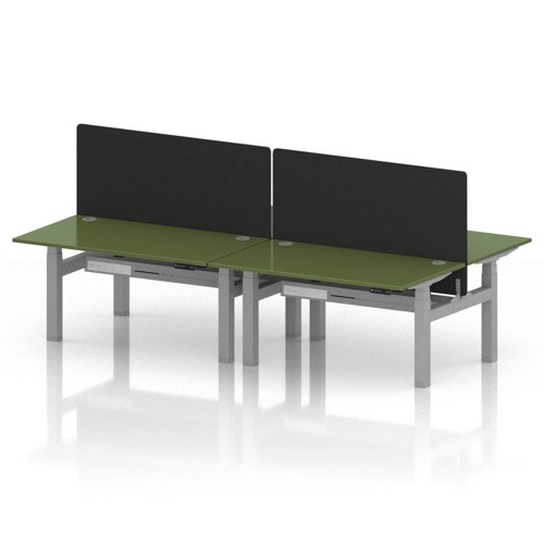Air Back-to-Back 1400 x 800mm Height Adjustable 4 Person Office Bench Desk Moss Green Top with Cable Ports Silver Frame with Black Straight Screen