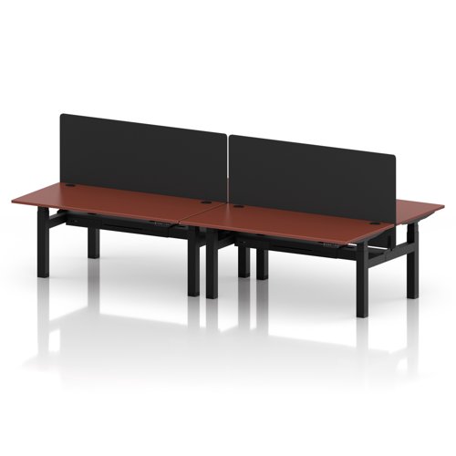 Air Back-to-Back 1600 x 800mm Height Adjustable 4 Person Office Bench Desk Brick Red Top with Cable Ports Black Frame with Black Straight Screen
