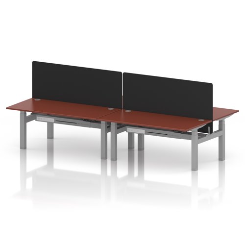 Air Back-to-Back 1600 x 800mm Height Adjustable 4 Person Office Bench Desk Brick Red Top with Cable Ports Silver Frame with Black Straight Screen