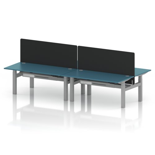 Air Back-to-Back 1600 x 800mm Height Adjustable 4 Person Office Bench Desk Dark Teal Top with Cable Ports Silver Frame with Black Straight Screen