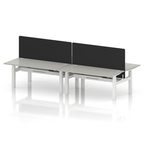 Air Back-to-Back 1600 x 800mm Height Adjustable 4 Person Office Bench Desk Dove Grey Top with Cable Ports White Frame with Black Straight Screen