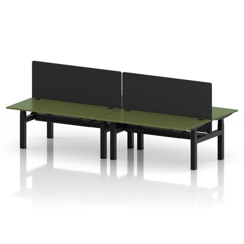 Air Back-to-Back 1600 x 800mm Height Adjustable 4 Person Office Bench Desk Moss Green Top with Cable Ports Black Frame with Black Straight Screen