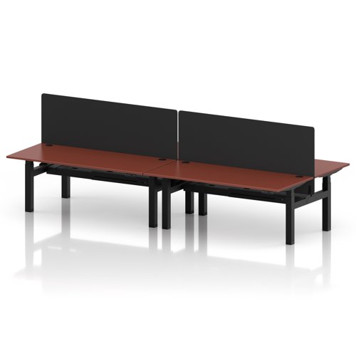 Air Back-to-Back 1800 x 800mm Height Adjustable 4 Person Office Bench Desk Brick Red Top with Cable Ports Black Frame with Black Straight Screen