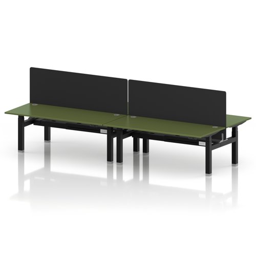 Air Back-to-Back 1800 x 800mm Height Adjustable 4 Person Office Bench Desk Moss Green Top with Cable Ports Silver Frame with Black Straight Screen