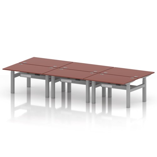 Air Back-to-Back 1200 x 800mm Height Adjustable 6 Person Office Bench Desk Brick Red Top with Cable Ports Silver Frame