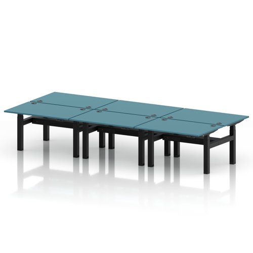 Air Back-to-Back 1200 x 800mm Height Adjustable 6 Person Office Bench Desk Dark Teal Top with Cable Ports Black Frame