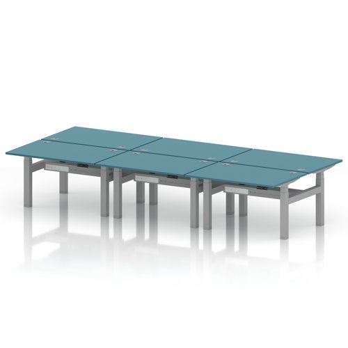 Air Back-to-Back 1200 x 800mm Height Adjustable 6 Person Office Bench Desk Dark Teal Top with Cable Ports Silver Frame