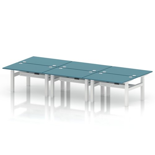 Air Back-to-Back 1200 x 800mm Height Adjustable 6 Person Office Bench Desk Dark Teal Top with Cable Ports White Frame