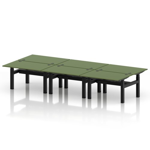 Air Back-to-Back 1200 x 800mm Height Adjustable 6 Person Office Bench Desk Moss Green Top with Cable Ports Black Frame