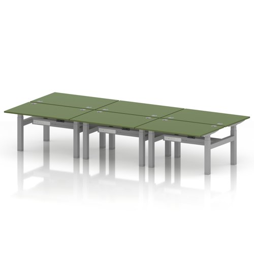 Air Back-to-Back 1200 x 800mm Height Adjustable 6 Person Office Bench Desk Moss Green Top with Cable Ports Silver Frame