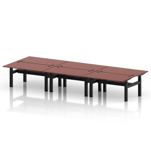 Air Back-to-Back 1400 x 800mm Height Adjustable 6 Person Office Bench Desk Brick Red Top with Cable Ports Black Frame