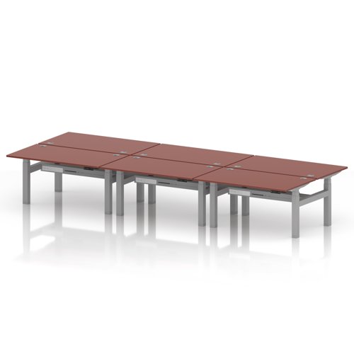 Air Back-to-Back 1400 x 800mm Height Adjustable 6 Person Office Bench Desk Brick Red Top with Cable Ports Silver Frame