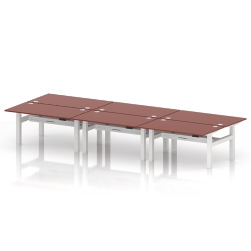 Air Back-to-Back 1400 x 800mm Height Adjustable 6 Person Office Bench Desk Brick Red Top with Cable Ports White Frame