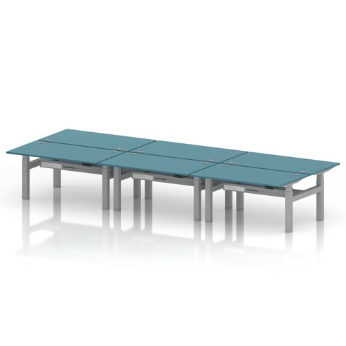 Air Back-to-Back 1400 x 800mm Height Adjustable 6 Person Office Bench Desk Dark Teal Top with Cable Ports Silver Frame