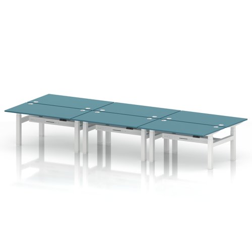 Air Back-to-Back 1400 x 800mm Height Adjustable 6 Person Office Bench Desk Dark Teal Top with Cable Ports White Frame