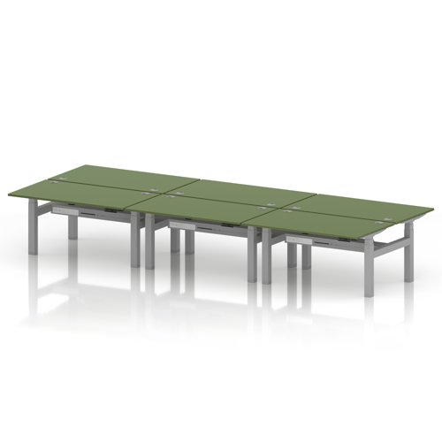 Air Back-to-Back 1400 x 800mm Height Adjustable 6 Person Office Bench Desk Moss Green Top with Cable Ports Silver Frame