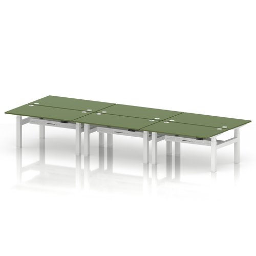 Air Back-to-Back 1400 x 800mm Height Adjustable 6 Person Office Bench Desk Moss Green Top with Cable Ports White Frame