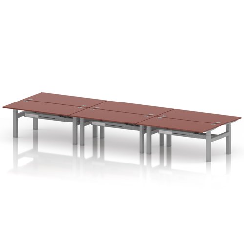 Air Back-to-Back 1600 x 800mm Height Adjustable 6 Person Office Bench Desk Brick Red Top with Cable Ports Silver Frame