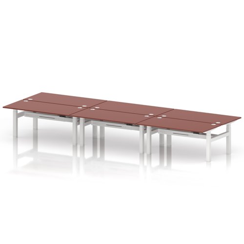 Air Back-to-Back 1600 x 800mm Height Adjustable 6 Person Office Bench Desk Brick Red Top with Cable Ports White Frame