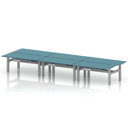 Air Back-to-Back 1600 x 800mm Height Adjustable 6 Person Office Bench Desk Dark Teal Top with Cable Ports Silver Frame