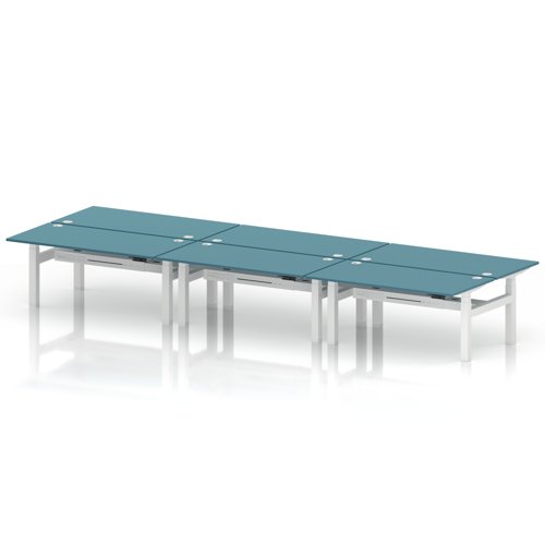 Air Back-to-Back 1600 x 800mm Height Adjustable 6 Person Office Bench Desk Dark Teal Top with Cable Ports White Frame