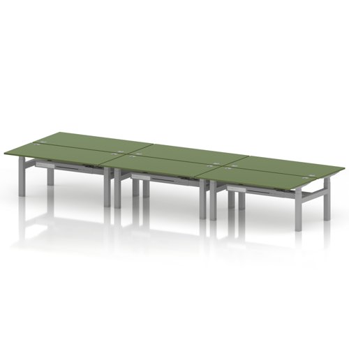 Air Back-to-Back 1600 x 800mm Height Adjustable 6 Person Office Bench Desk Moss Green Top with Cable Ports Silver Frame