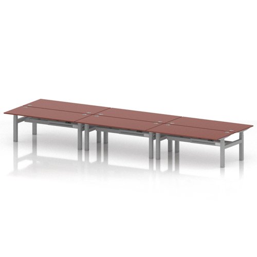 Air Back-to-Back 1800 x 800mm Height Adjustable 6 Person Office Bench Desk Brick Red Top with Cable Ports Silver Frame
