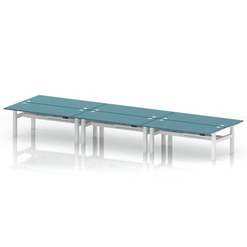 Air Back-to-Back 1800 x 800mm Height Adjustable 6 Person Office Bench Desk Dark Teal Top with Cable Ports White Frame