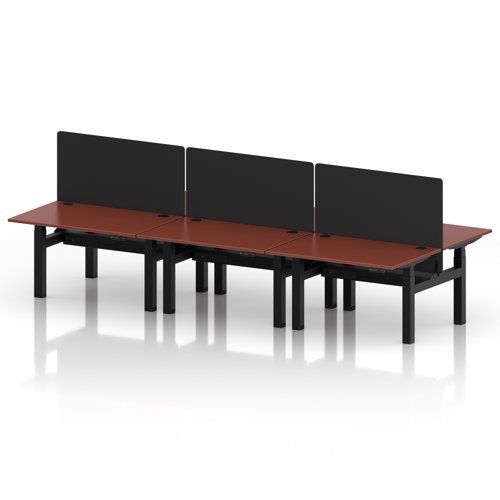 Air Back-to-Back 1200 x 800mm Height Adjustable 6 Person Office Bench Desk Brick Red Top with Cable Ports Black Frame with Black Straight Screen