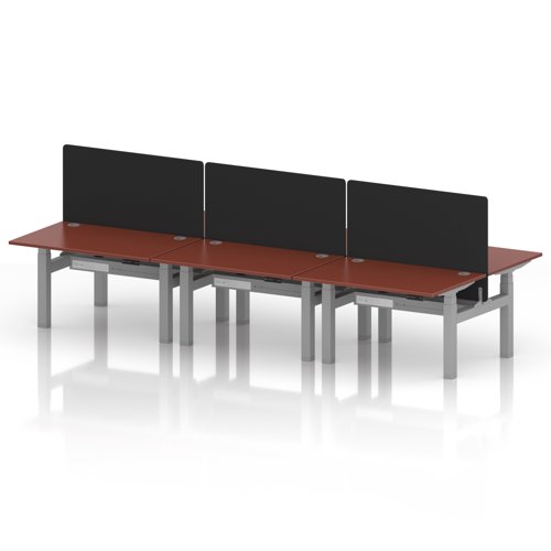 Air Back-to-Back 1200 x 800mm Height Adjustable 6 Person Office Bench Desk Brick Red Top with Cable Ports Silver Frame with Black Straight Screen