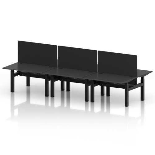Air Back-to-Back 1200 x 800mm Height Adjustable 6 Person Office Bench Desk Carbon Grey Top with Cable Ports Black Frame with Black Straight Screen