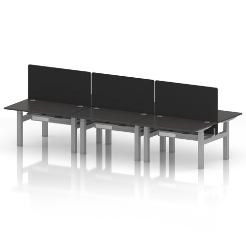 Air Back-to-Back 1200 x 800mm Height Adjustable 6 Person Office Bench Desk Carbon Grey Top with Cable Ports Silver Frame with Black Straight Screen