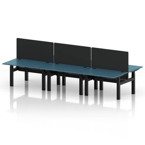Air Back-to-Back 1200 x 800mm Height Adjustable 6 Person Office Bench Desk Dark Teal Top with Cable Ports Black Frame with Black Straight Screen