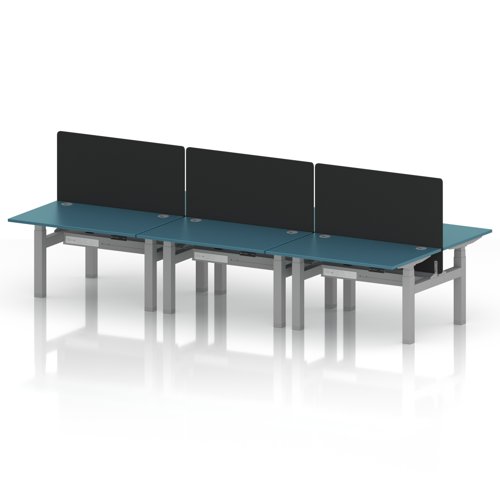 Air Back-to-Back 1200 x 800mm Height Adjustable 6 Person Office Bench Desk Dark Teal Top with Cable Ports Silver Frame with Black Straight Screen