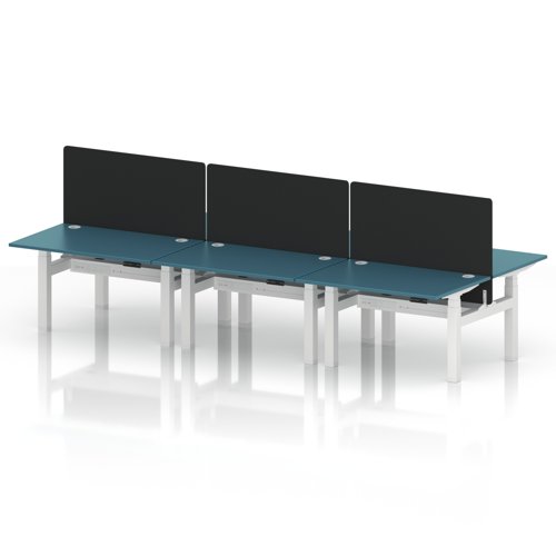 Air Back-to-Back 1200 x 800mm Height Adjustable 6 Person Office Bench Desk Dark Teal Top with Cable Ports White Frame with Black Straight Screen