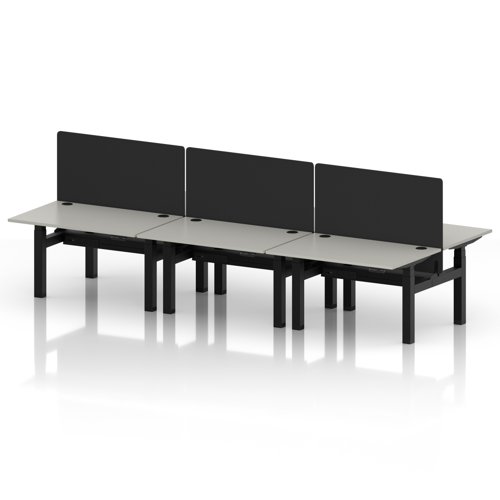 Air Back-to-Back 1200 x 800mm Height Adjustable 6 Person Office Bench Desk Dove Grey Top with Cable Ports Black Frame with Black Straight Screen